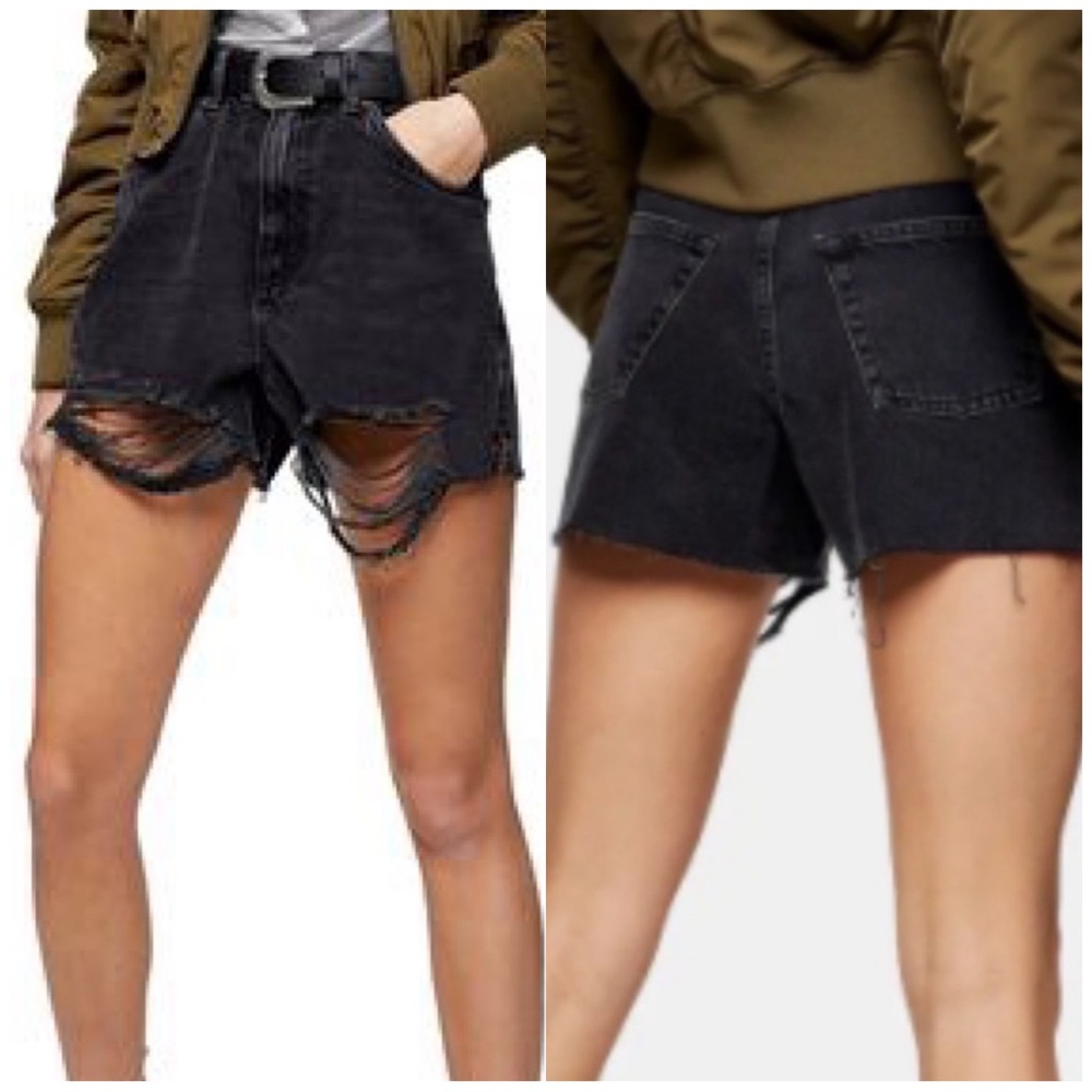 TopShop : size 8 : black high waisted distressed ripped summer denim jean shorts